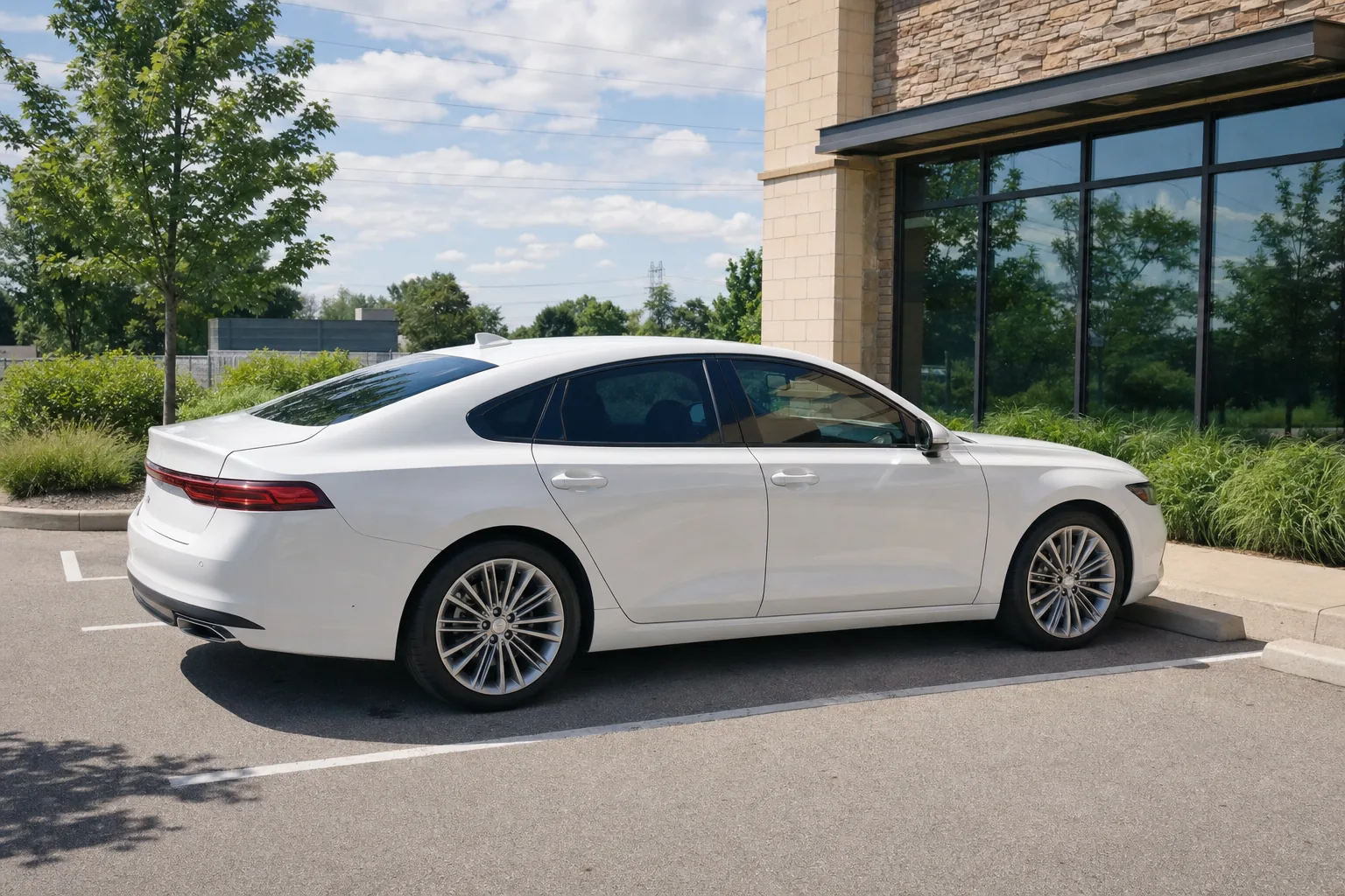 A white sedan with ceramic window tint parked in summer sun outside an office