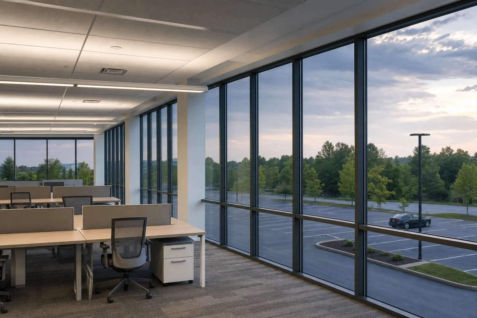 An empty office at the end of the day with solar control film on its tall windows