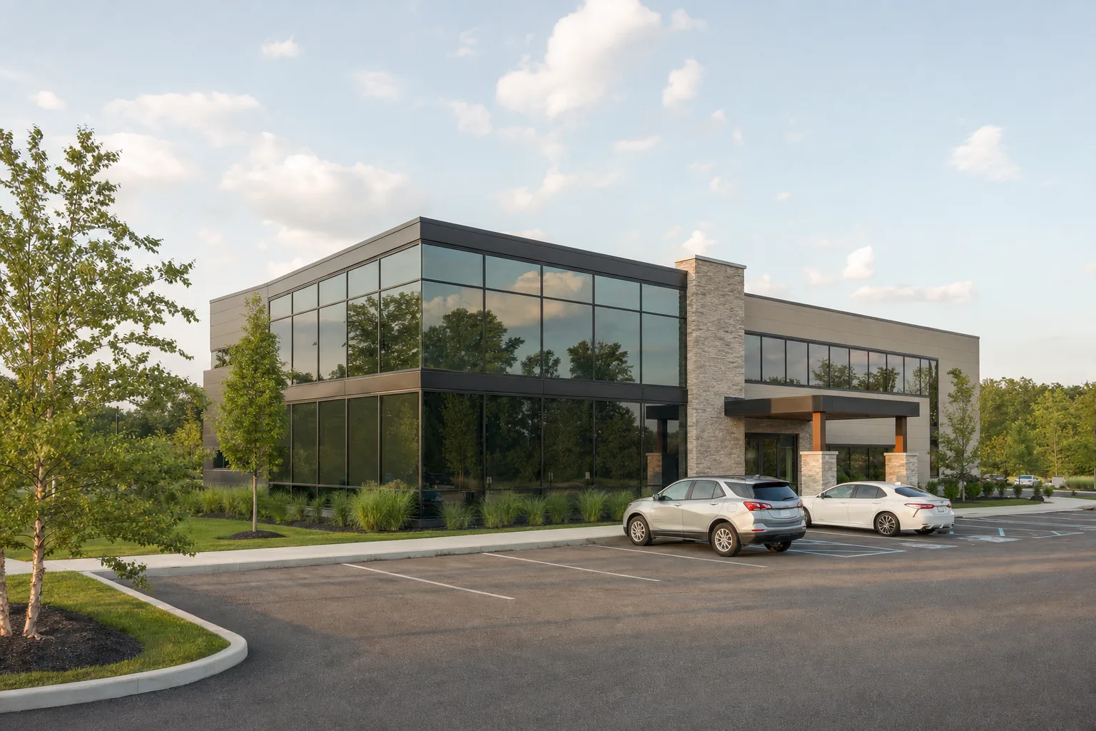 A glass-fronted office building with solar control film at golden hour