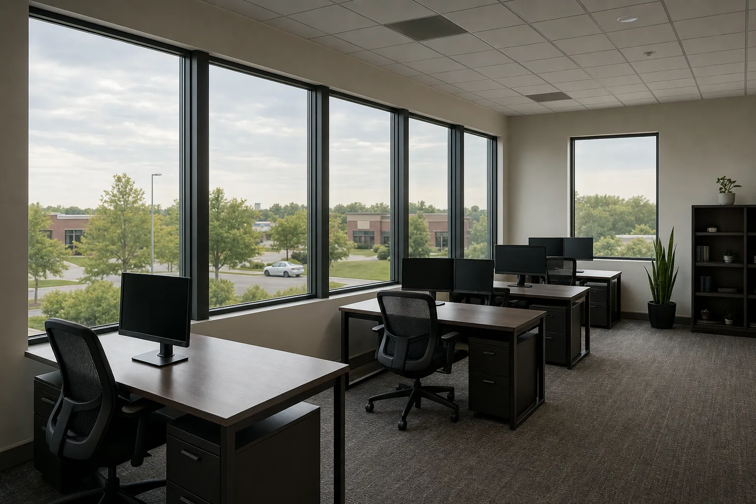 An office after window film: desks and screens without the glare