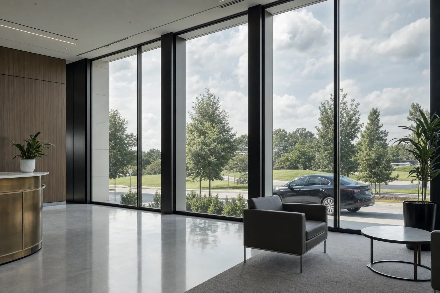A glass office lobby with solar-control window film