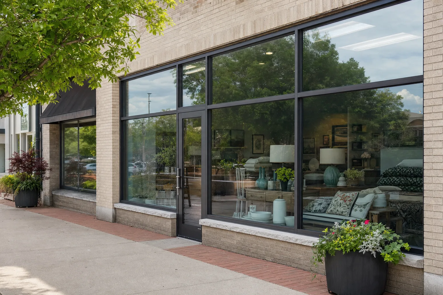 A storefront with filmed glass on a brick high street