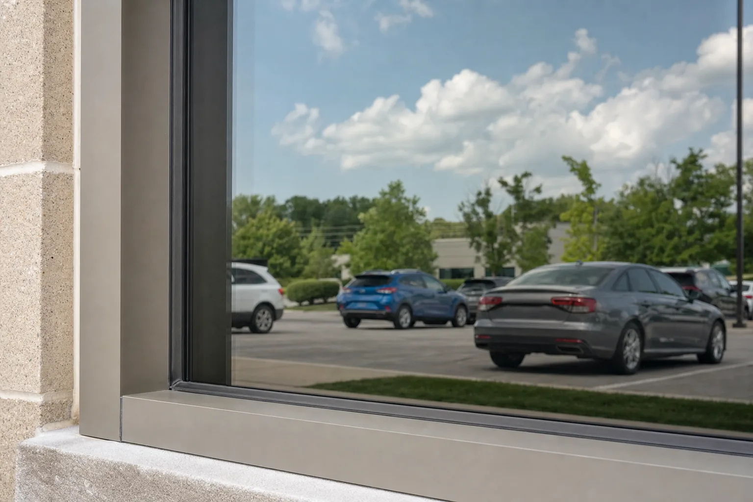 An office window frame with commercial film fitted edge to edge