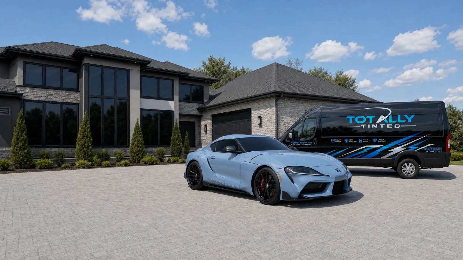 A light blue Toyota GR Supra with tinted windows beside the Totally Tinted van on the paved drive of a modern home
