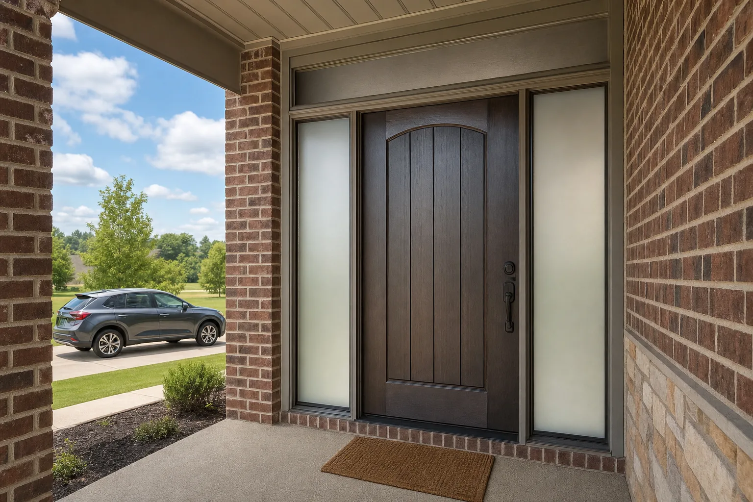 A front door with frosted privacy film on its glass sidelights