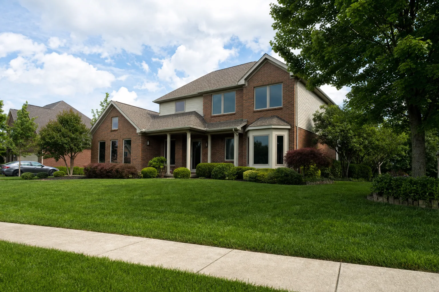 A brick family home with filmed windows on a sunny street