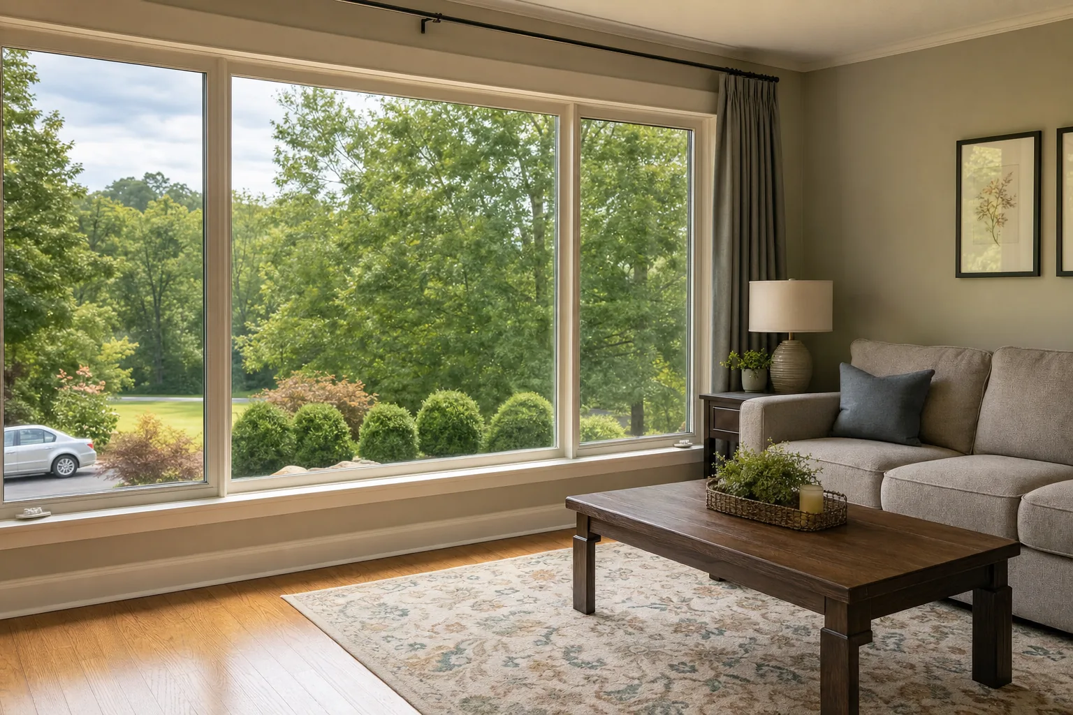 A living room with a rug and sofa kept out of harsh sun by window film