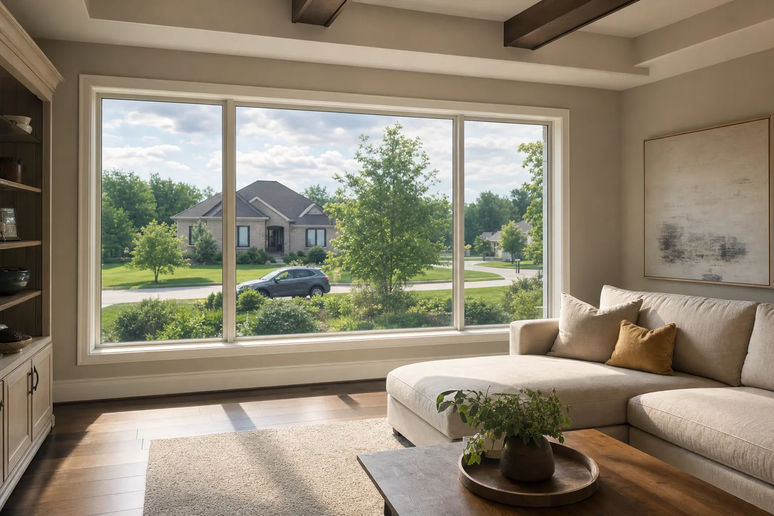 A calm living room after window film, looking out over a quiet street
