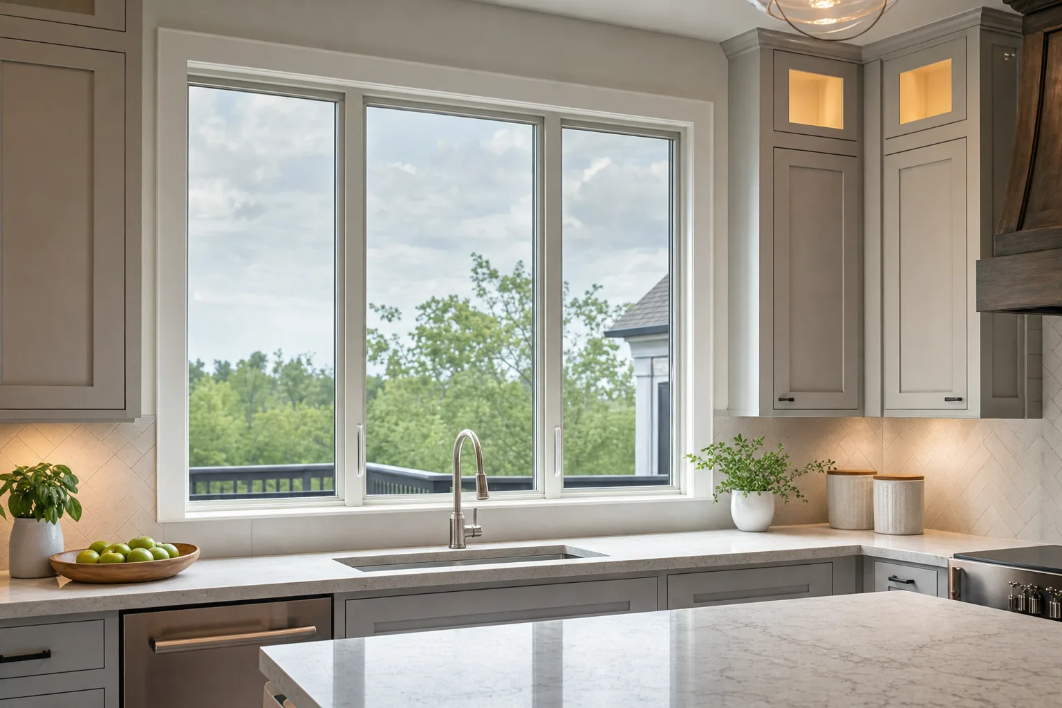 A bright kitchen with clear solar control film on the windows over the sink