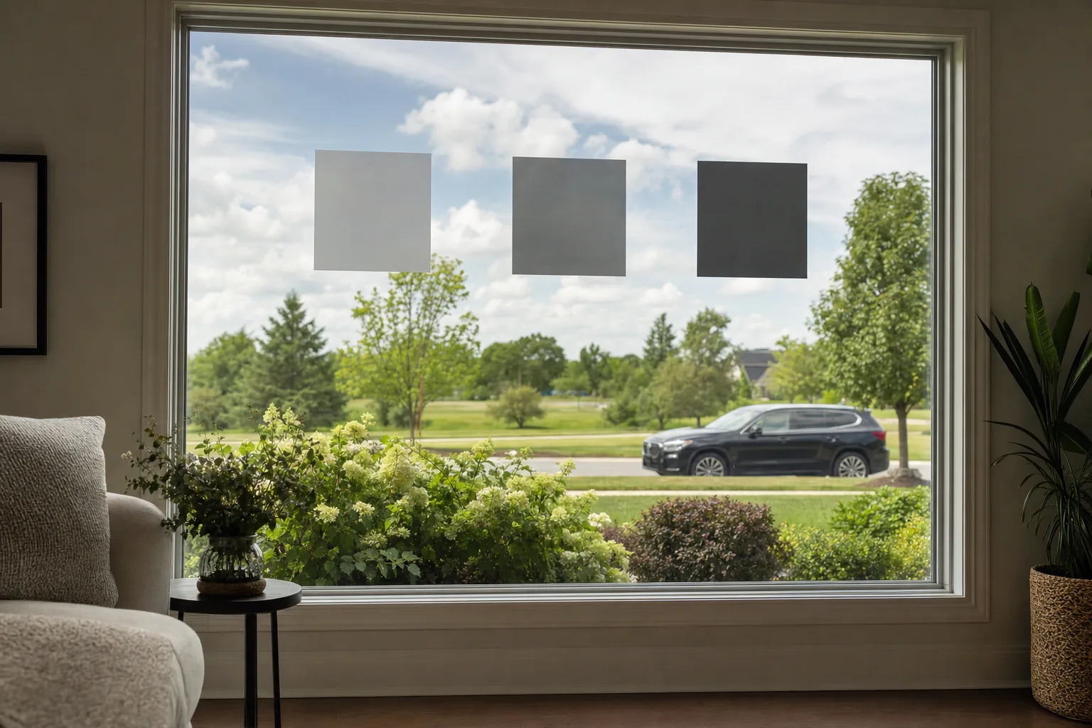 Three window film shade samples, light to dark, on a living room window