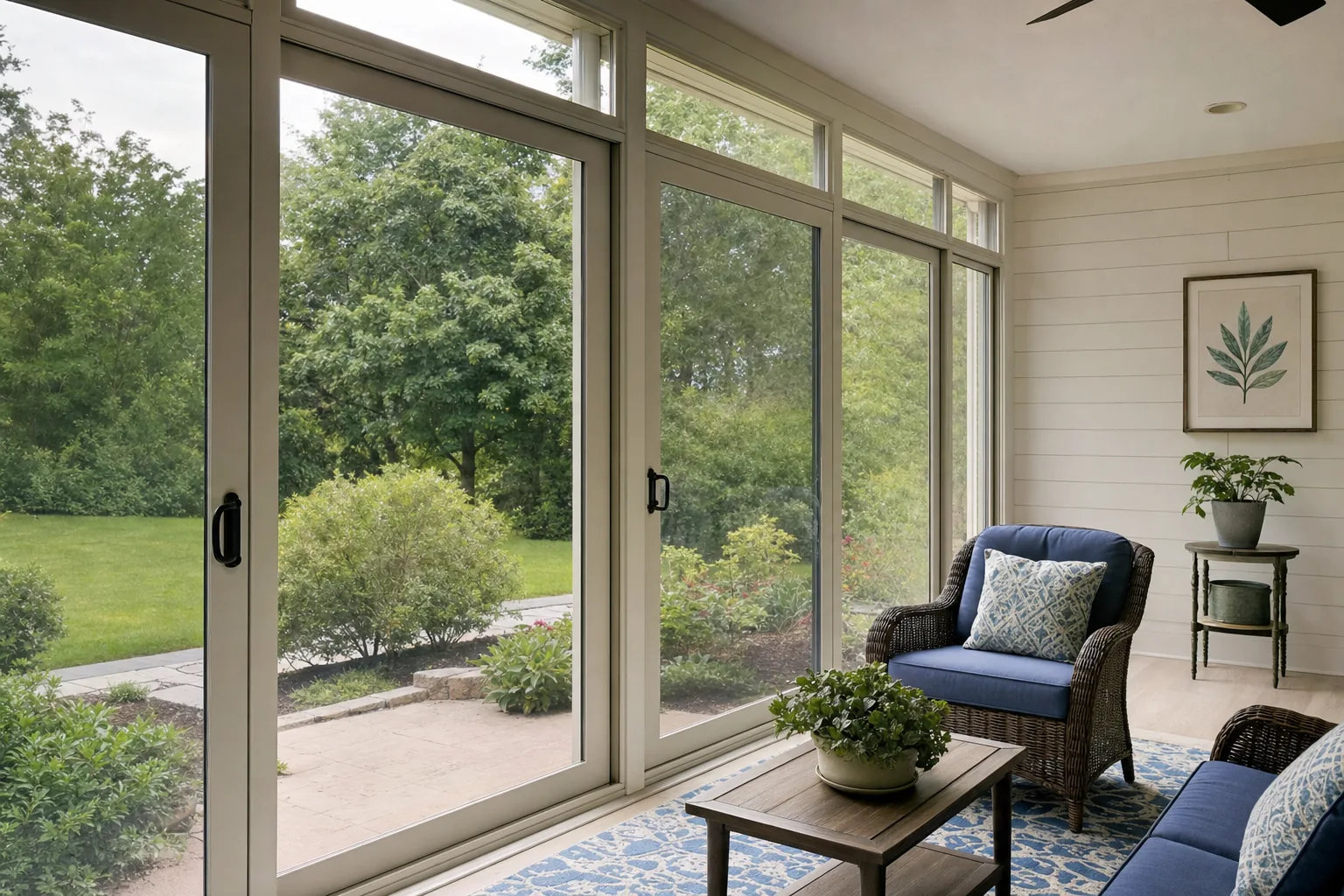 A sunroom with floor-to-ceiling glass and window film