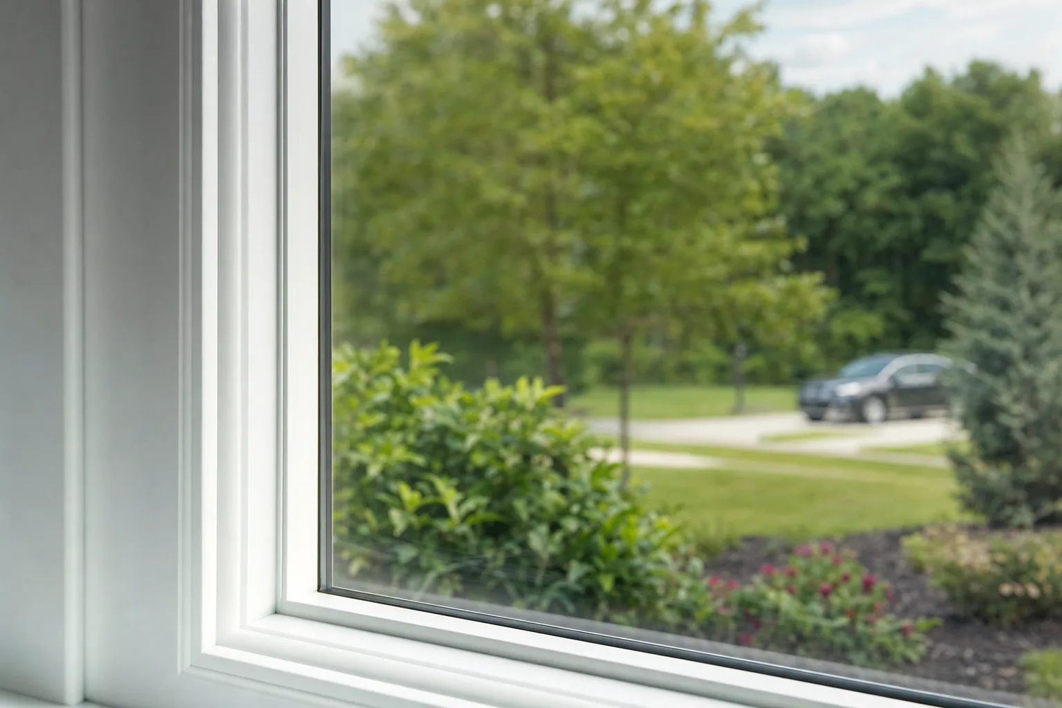 The corner of a home window with solar film fitted edge to edge