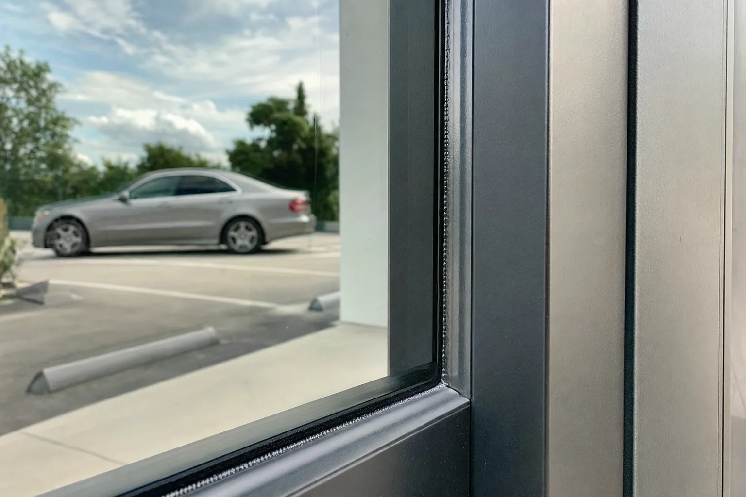 Close-up of security film anchored into a window frame
