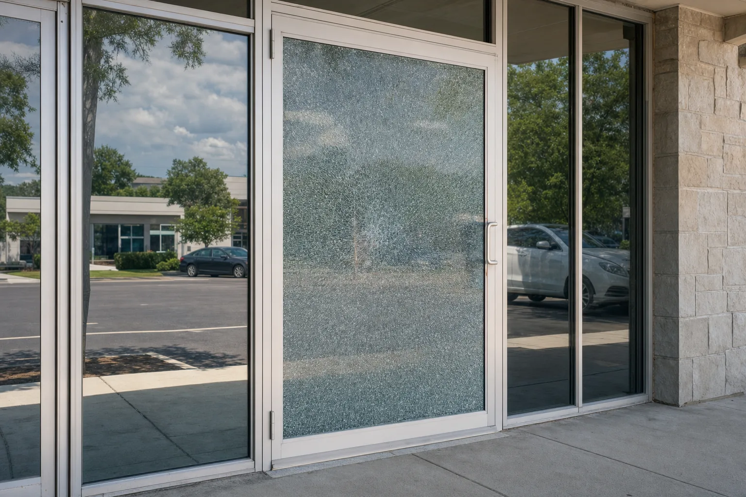 A shattered glass door pane held together in its frame by security film