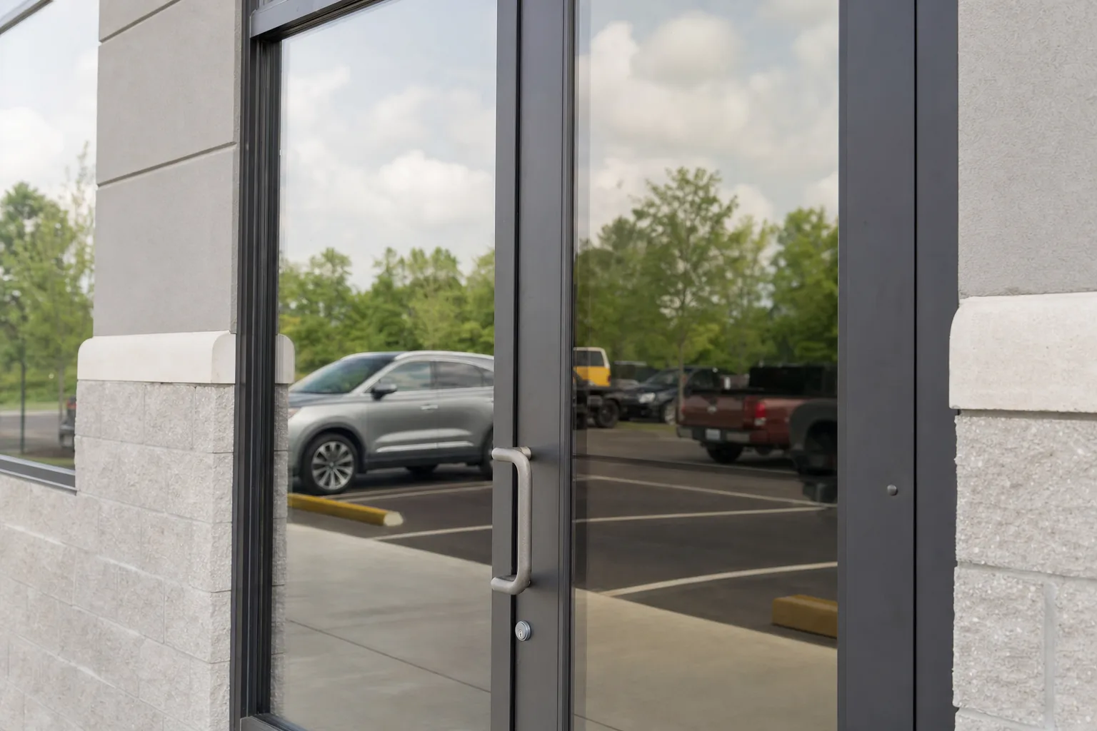 A shop's glass door with clear safety and security film fitted inside the frame