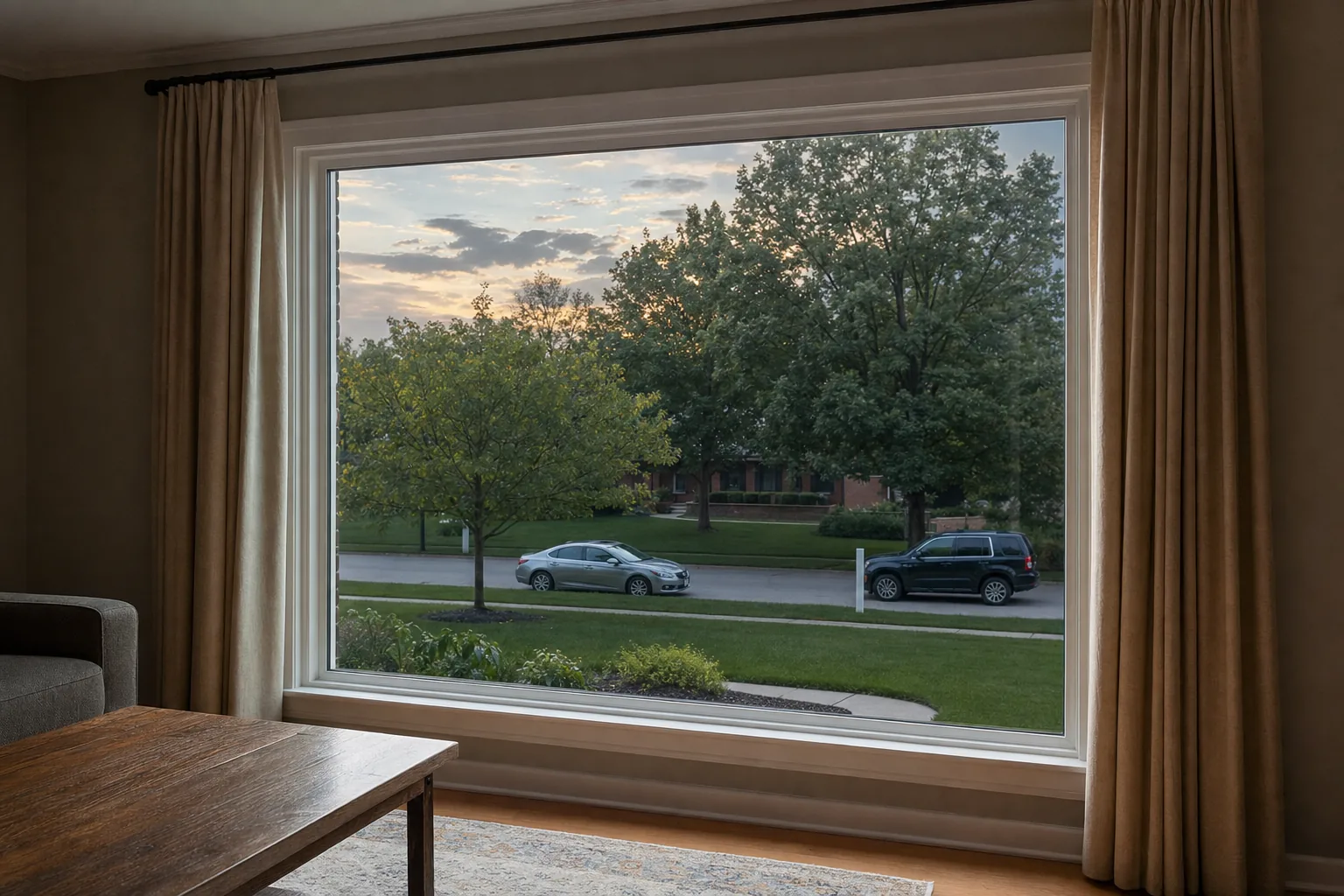 A ground-floor home window at dusk fitted with clear safety film