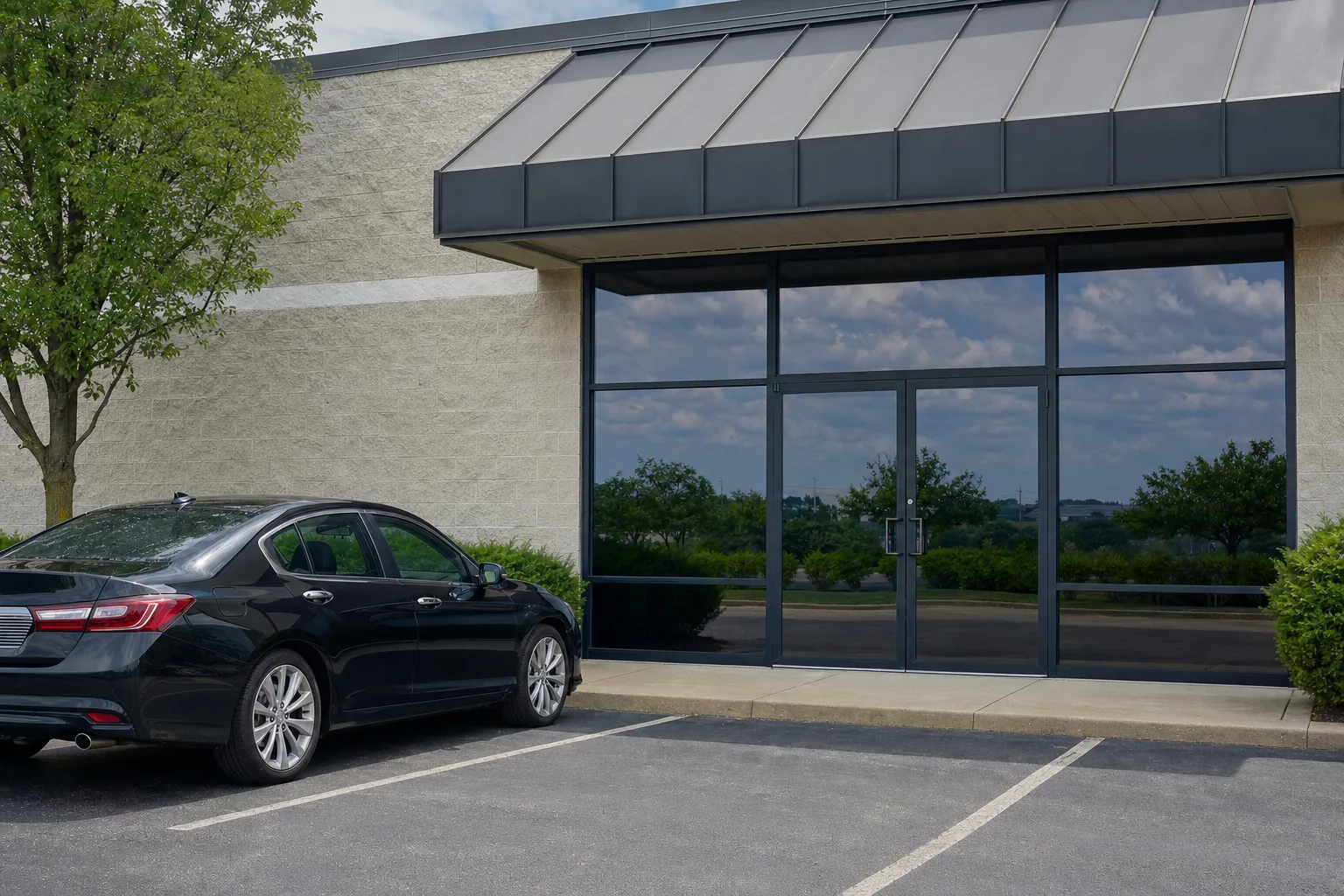 A glass shop entrance with clear safety and security film on its doors and windows