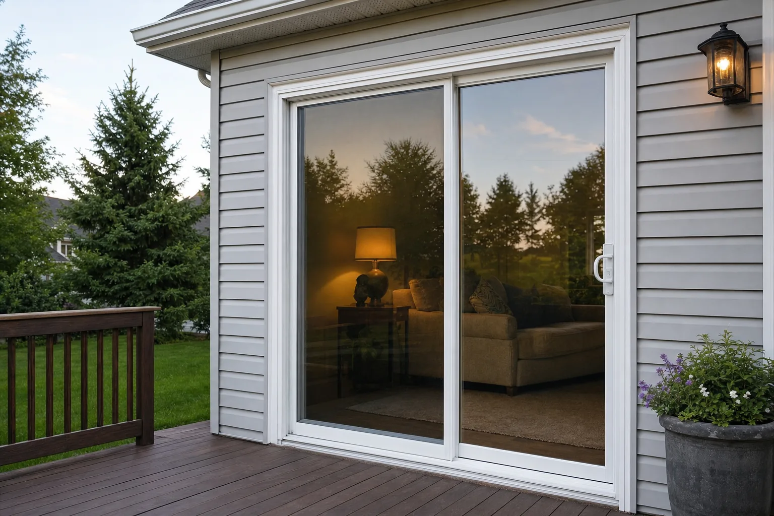 A home’s patio door with safety film, lamplight inside