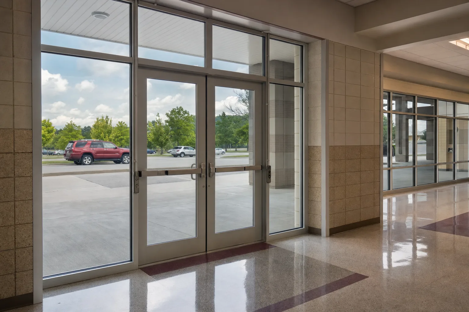 A school entrance hall's glass doors fitted with clear safety film