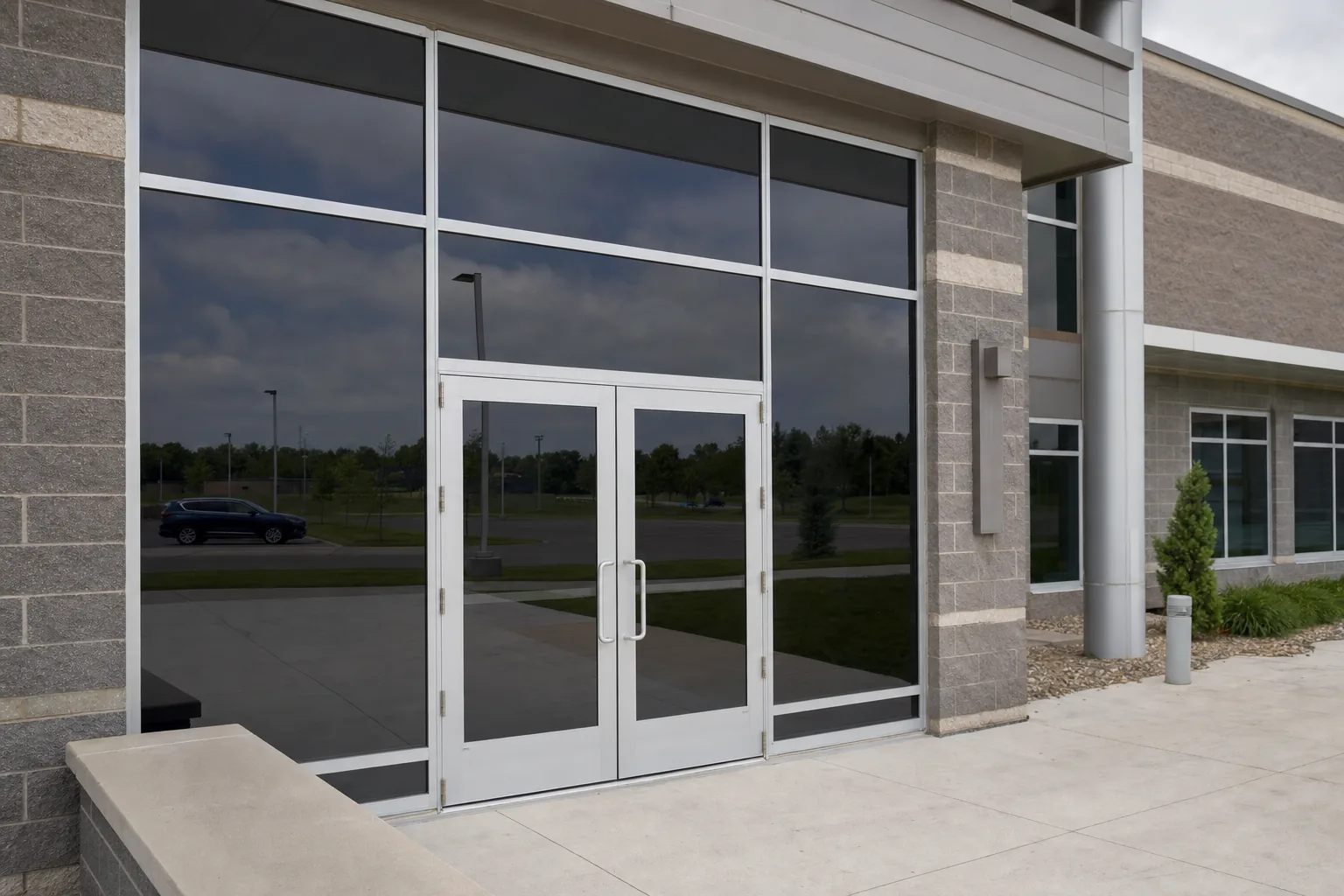 A school entrance with security film on its glass doors
