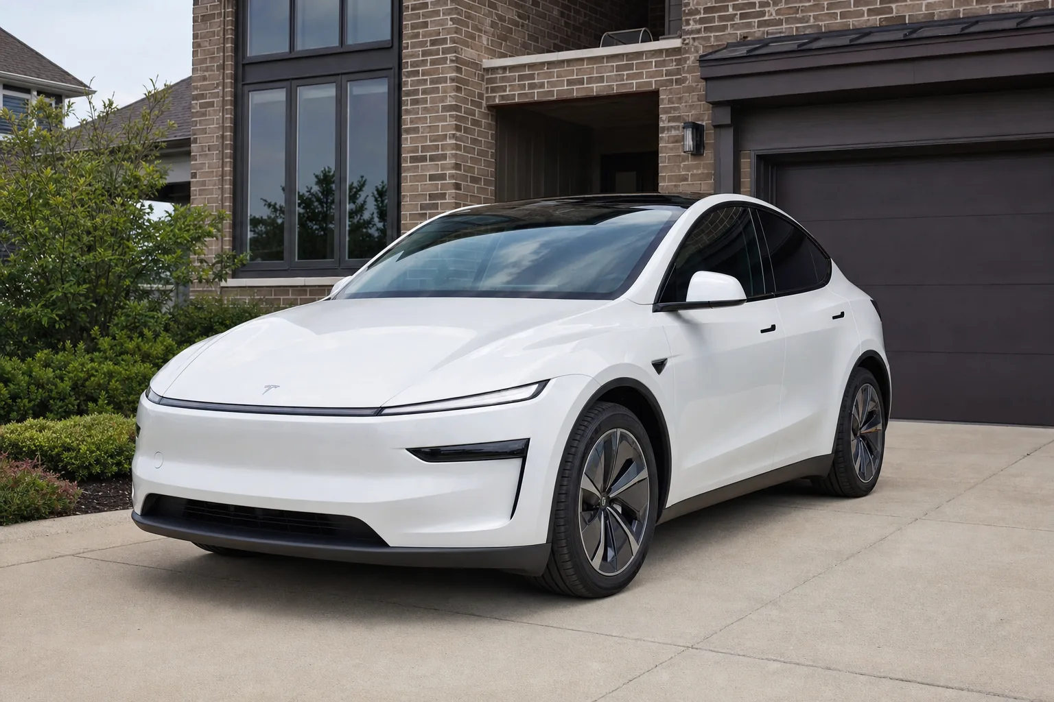 A white Tesla Model Y with tinted side and rear glass on a brick home's driveway in New Albany