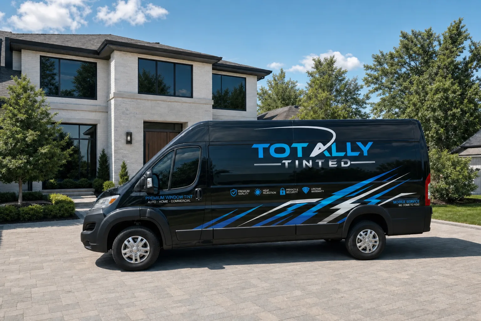 The Totally Tinted van parked on the paved drive of a home for a mobile tinting job